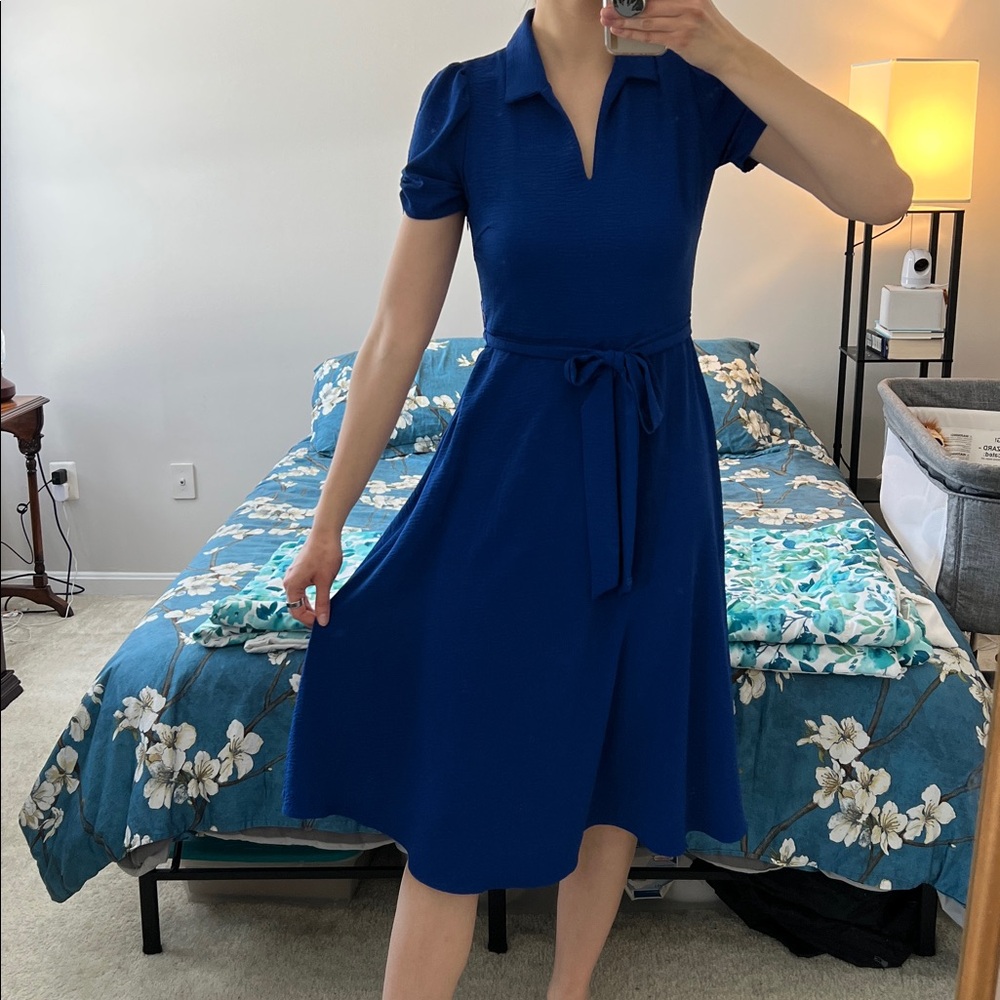 Elegant Blue Midi Dress with Tie Waist size 6